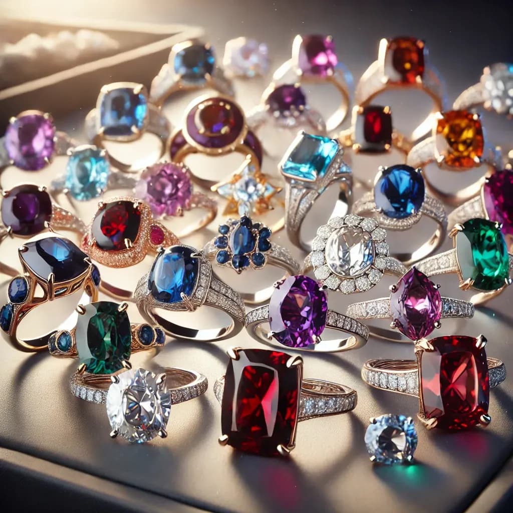 DALL·E 2024-12-20 12.41.54 - An elegant display of stunning birthstone rings, each showcasing a vibrant gemstone that corresponds to a different month. The scene includes garnet, .webp