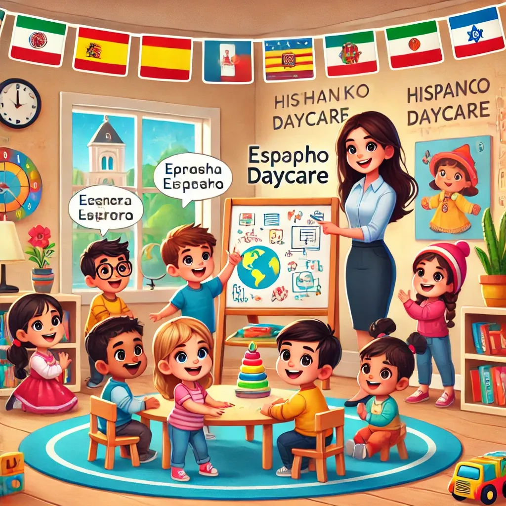 DALL·E 2025-01-10 12.33.48 - An illustration of a Spanish-speaking daycare center. The scene features happy children engaging in learning activities, with a bilingual teacher inte.webp