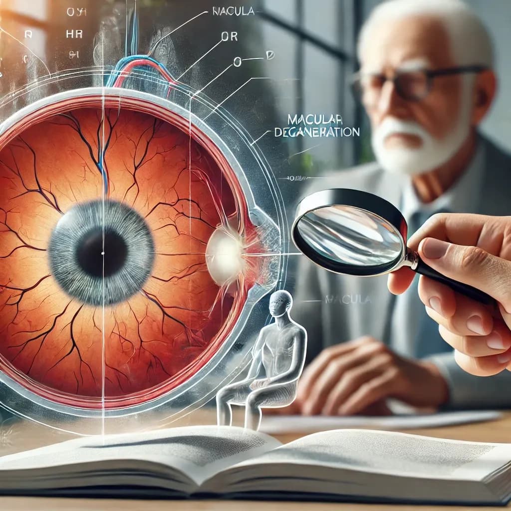 DALL·E 2025-01-10 12.58.18 - A visual representation of macular degeneration awareness. The scene features an elderly person holding a magnifying glass, looking at a blurred book .webp