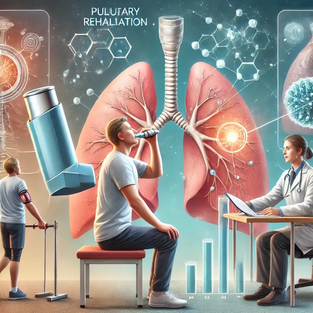 DALL·E 2025-01-10 13.04.35 - An illustration showcasing advanced therapies for COPD patients. The scene features a person using a modern inhaler, another participating in pulmonar.webp