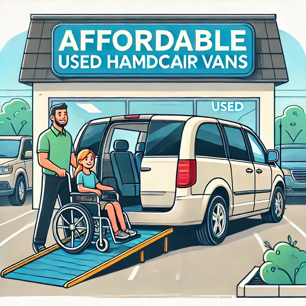 DALL·E 2025-01-10 13.15.13 - An illustration showcasing affordable used handicap vans. The scene features a family with a wheelchair user happily entering a handicap-accessible va.webp