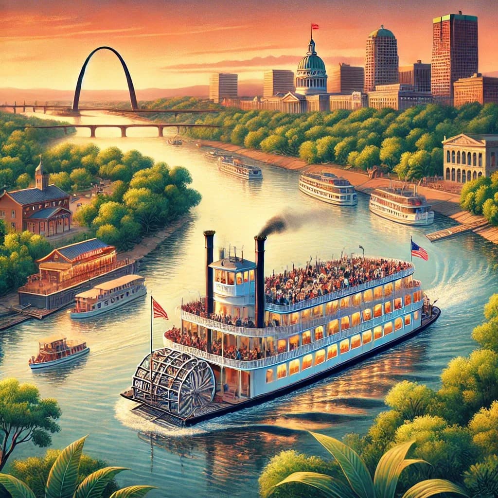 DALL·E 2025-01-10 13.26.03 - An illustration of a luxurious Mississippi River cruise. The scene features a classic paddlewheel riverboat gliding along the Mississippi River at sun.webp