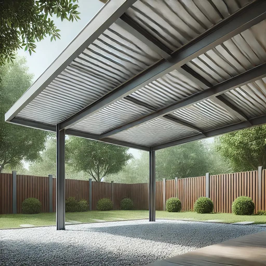 DALL·E 2025-01-10 13.37.20 - A simple, clean image of a patio roof with a modern metal structure in a backyard setting. The roof is supported by sturdy beams, providing shade over.webp