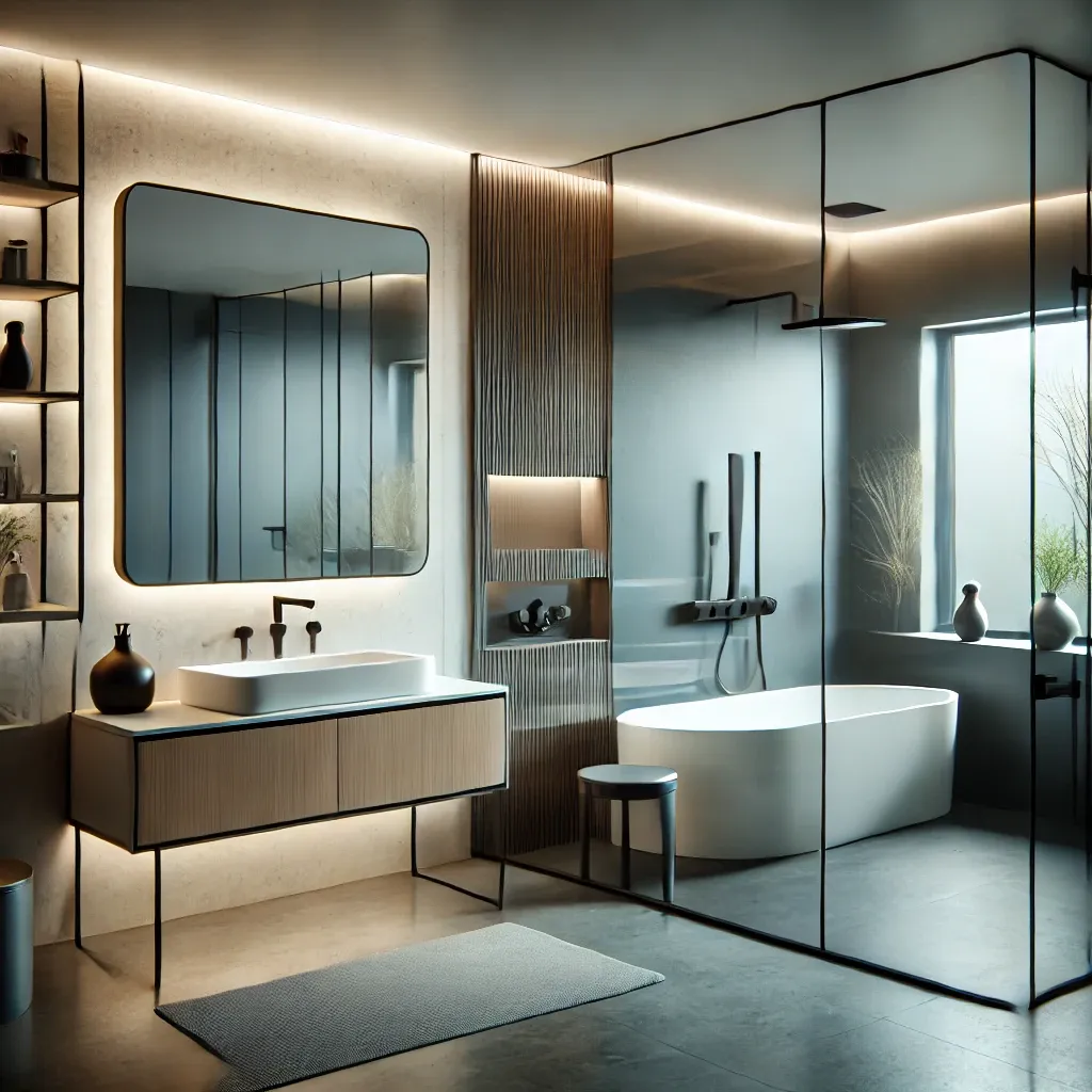 DALL·E 2025-01-10 13.44.57 - A modern and stylish bathroom renovation concept. The image features a minimalist design with a floating vanity, frameless walk-in shower with sleek g.webp