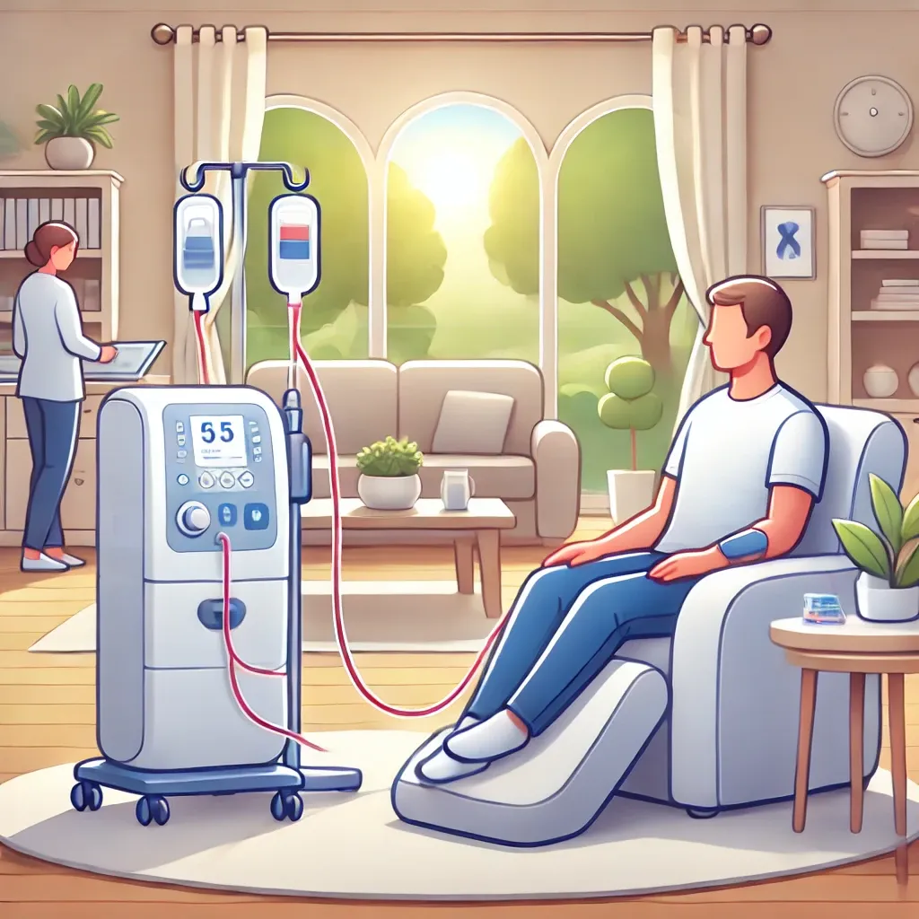 DALL·E 2025-01-10 14.25.48 - An illustration of a home setting featuring a patient comfortably using a home dialysis machine. The scene includes a clean, organized space with the .webp