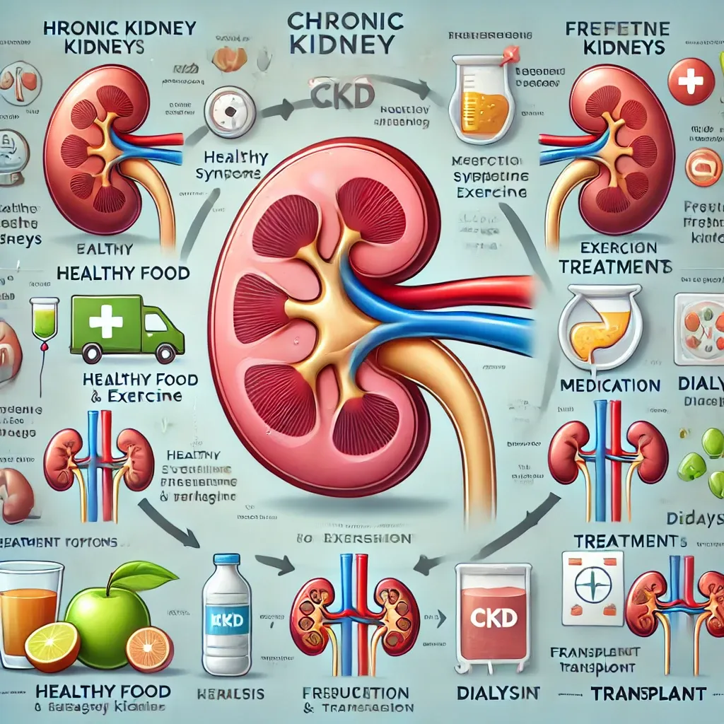 DALL·E 2025-01-13 16.14.33 - A detailed and educational infographic-style illustration on Chronic Kidney Disease (CKD). The image includes a labeled kidney showing the stages of C.webp