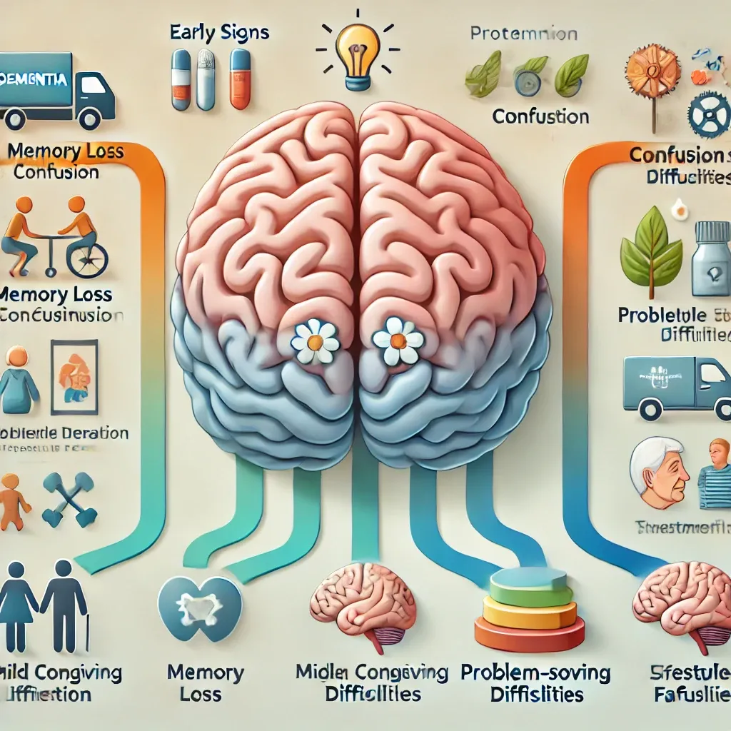 DALL·E 2025-01-13 16.38.20 - An educational and visually engaging infographic-style illustration about dementia. The image includes a brain divided into labeled sections showing a.webp