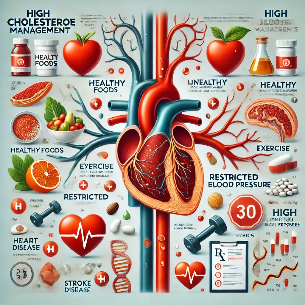 DALL·E 2025-01-13 16.44.14 - An educational and visually engaging infographic-style illustration about high cholesterol management. The image features a healthy and unhealthy arte.webp