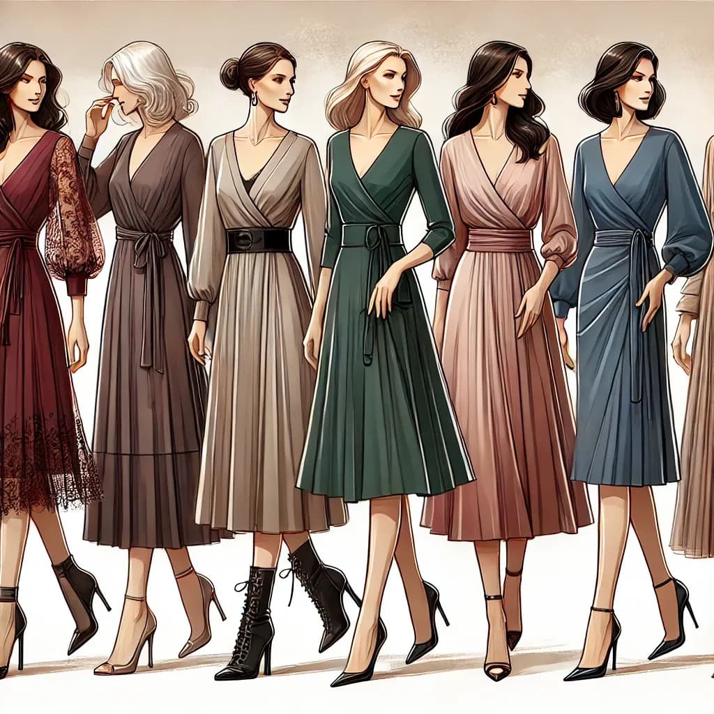 DALL·E 2025-01-20 15.20.56 - An elegant and stylish illustration showcasing various dress styles for women over 50. The image features diverse models wearing A-line dresses, wrap .webp
