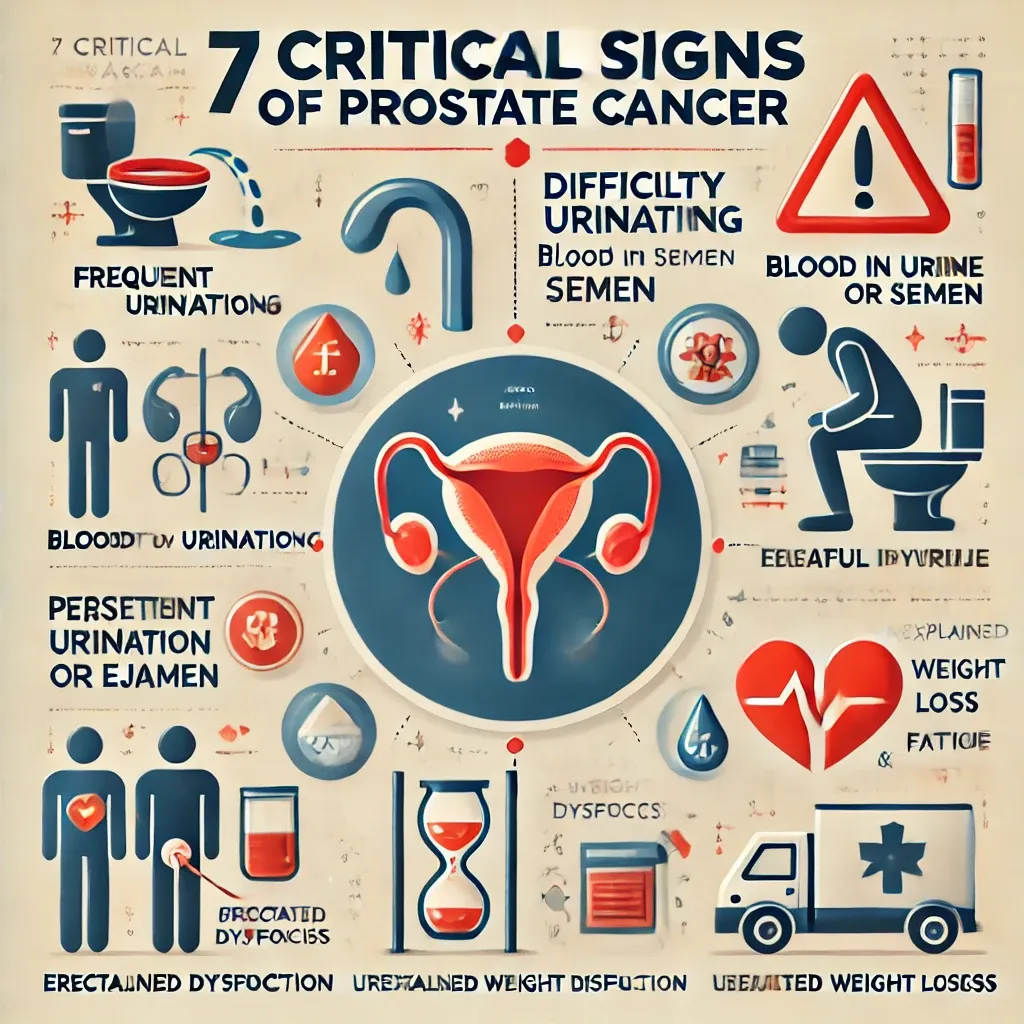 DALL·E 2025-01-20 15.26.46 - An educational infographic about the 7 critical signs of prostate cancer. The design includes visual representations of the symptoms_ frequent urinati.webp