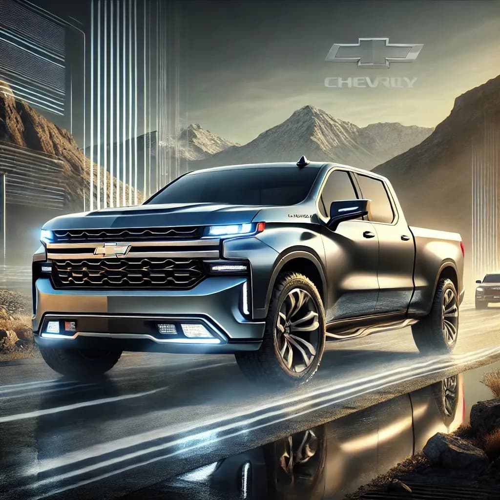 DALL·E 2025-01-20 15.46.29 - A sleek and futuristic pickup truck design showcasing the 2025 Chevy Silverado. The truck is positioned in a rugged outdoor setting with a bold grille.webp