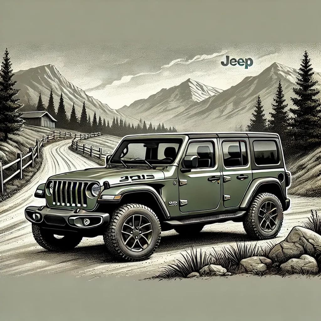DALL·E 2025-01-20 16.25.54 - A sleek and professional illustration of a 2025 Jeep Wrangler parked in a rugged, scenic outdoor setting. The vehicle is shown in the new '41 Olive-Dr.webp
