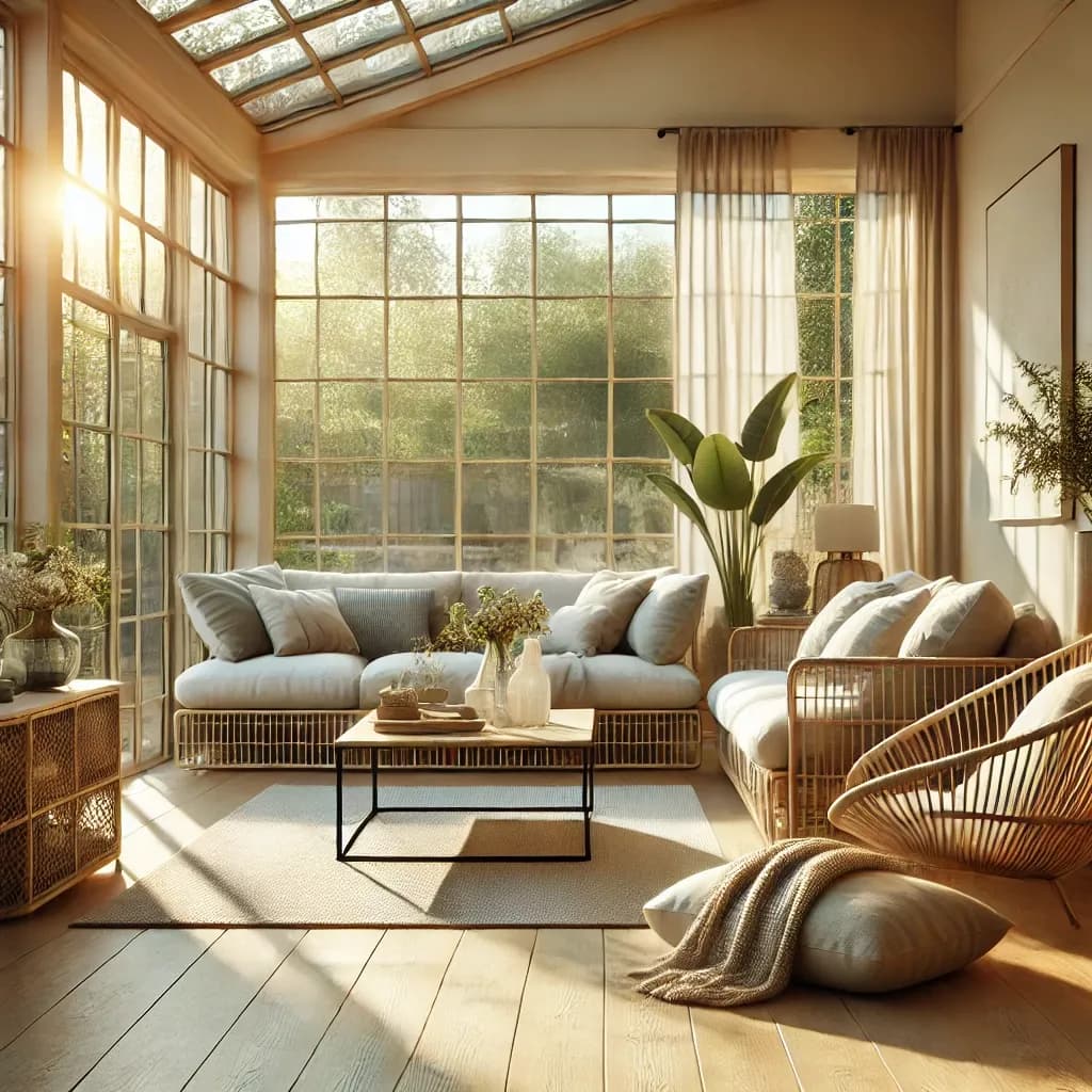 DALL·E 2025-01-28 15.28.01 - A cozy and modern sunroom with large floor-to-ceiling glass windows that let in ample natural light. The space features a mix of natural and modern de.webp