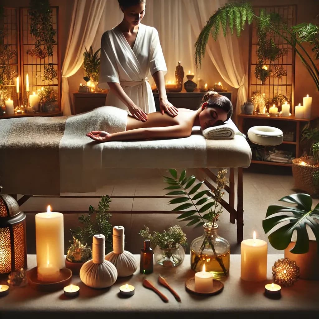 DALL·E 2025-01-28 15.39.58 - A serene spa setting featuring a professional massage session. The image includes a massage therapist gently working on a client lying on a massage ta.webp