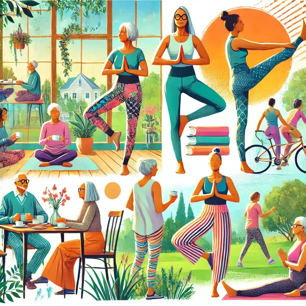 DALL·E 2025-01-28 15.49.30 - A vibrant and stylish depiction of versatile leggings designed for seniors, showcasing multiple styles such as high-waisted, cropped, and bootcut legg.webp