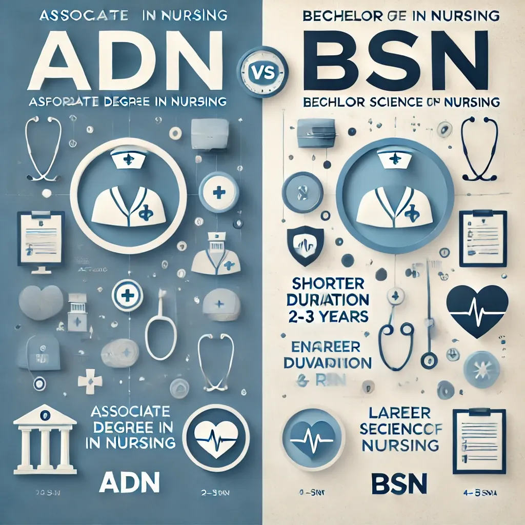 DALL·E 2025-01-28 16.03.42 - A modern and visually appealing comparison image illustrating the differences between an Associate Degree in Nursing (ADN) and a Bachelor of Science i.webp
