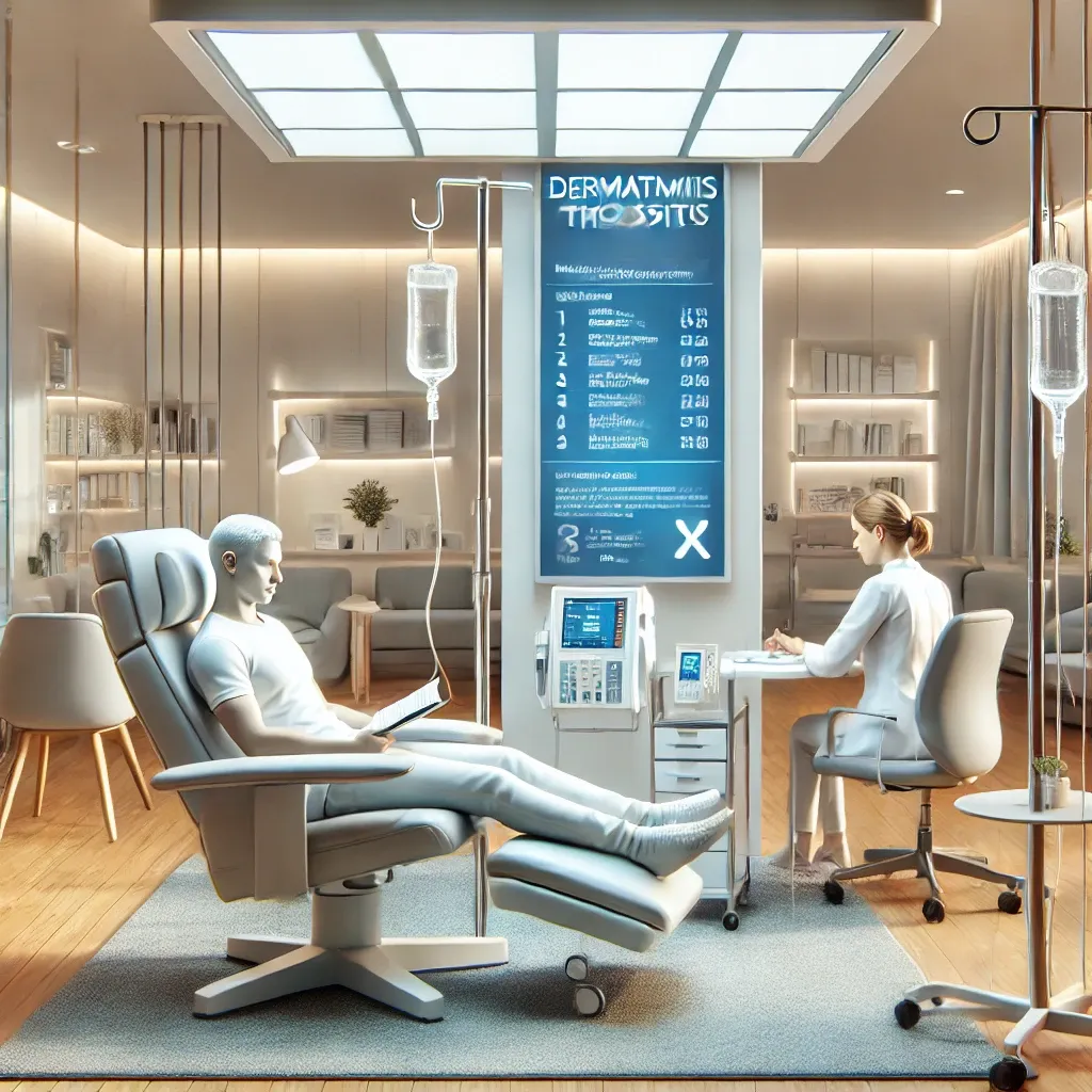 DALL·E 2025-01-28 16.37.55 - A modern medical infusion therapy room designed for dermatomyositis treatment. The room is bright and clean with a reclining infusion chair, an IV dri.webp