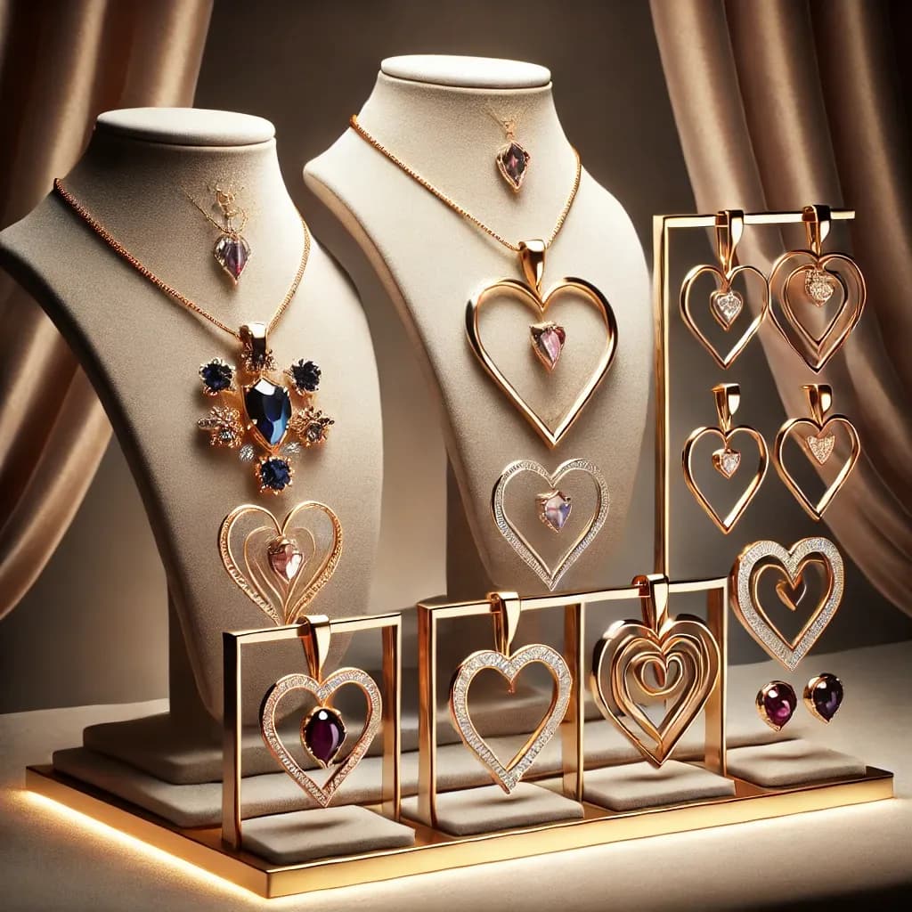 DALL·E 2025-01-29 10.00.50 - A luxurious and stylish jewelry display featuring heart pendant necklaces from two distinct collections_ one showcasing classic elegance with intricat.webp