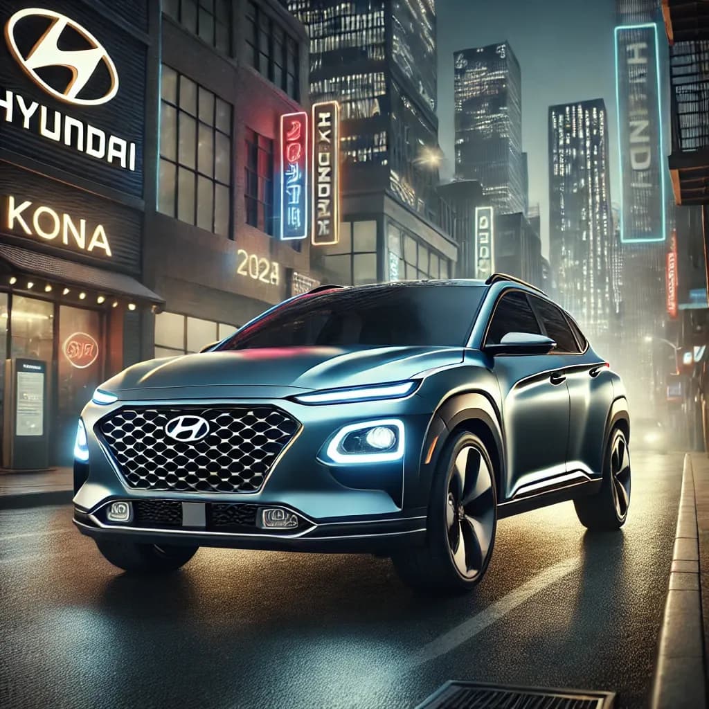 DALL·E 2025-01-29 10.11.16 - A sleek and modern 2025 Hyundai Kona in an urban setting. The car is showcased with a futuristic design, featuring bold LED headlights, aerodynamic li.webp