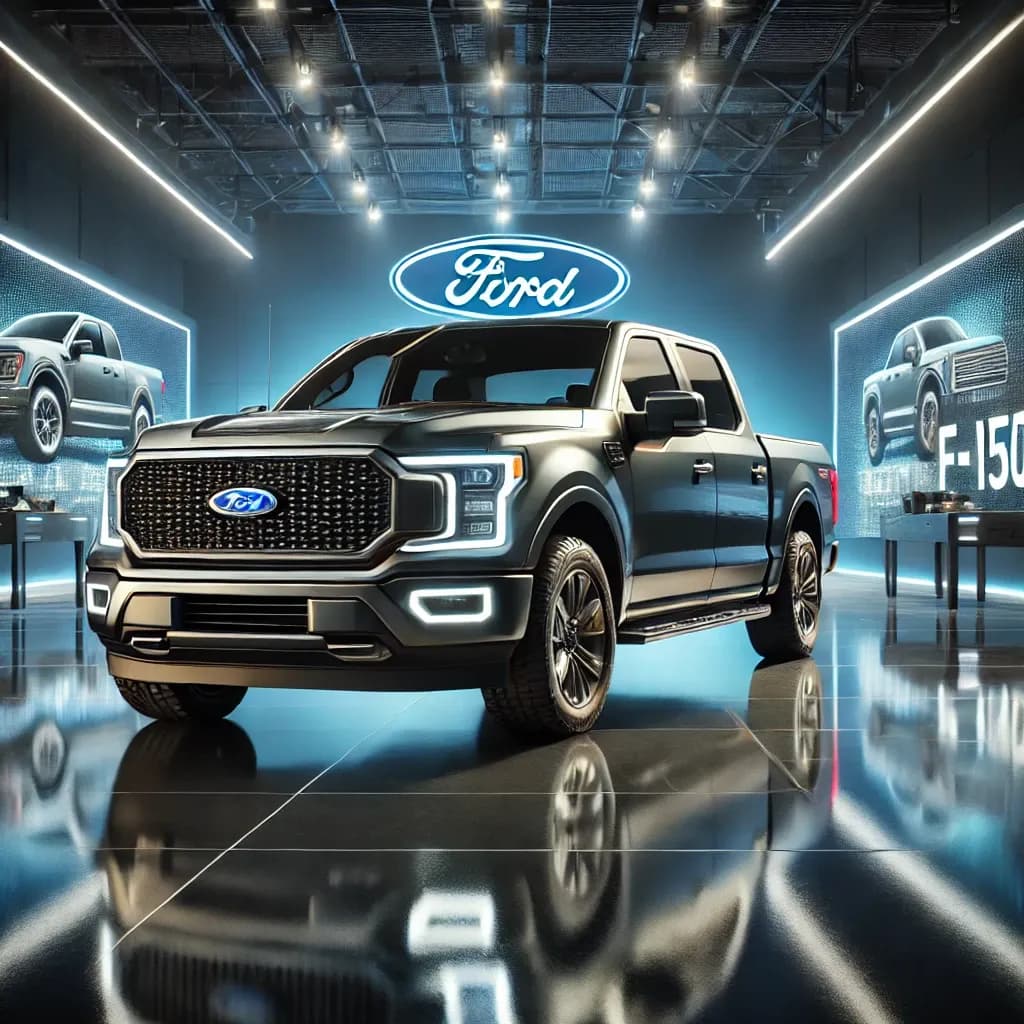 DALL·E 2025-01-29 10.18.53 - A modern and powerful 2025 Ford F-150 pickup truck showcased in a sleek showroom with bright lighting. The truck has a bold front grille, LED headligh.webp