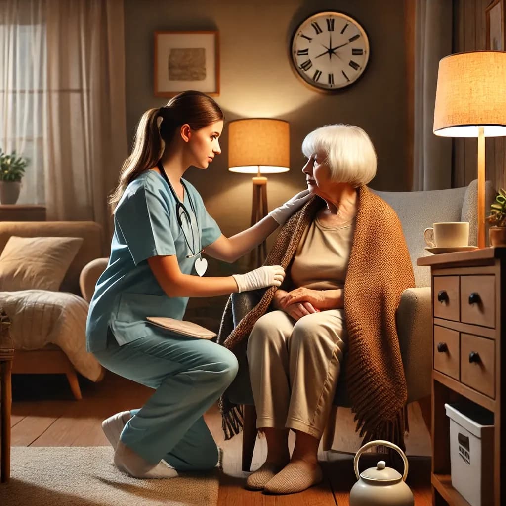 DALL·E 2025-01-29 10.31.57 - A warm and inviting scene of an overnight caregiver assisting an elderly person in a cozy home setting. The caregiver, a compassionate young woman in .webp