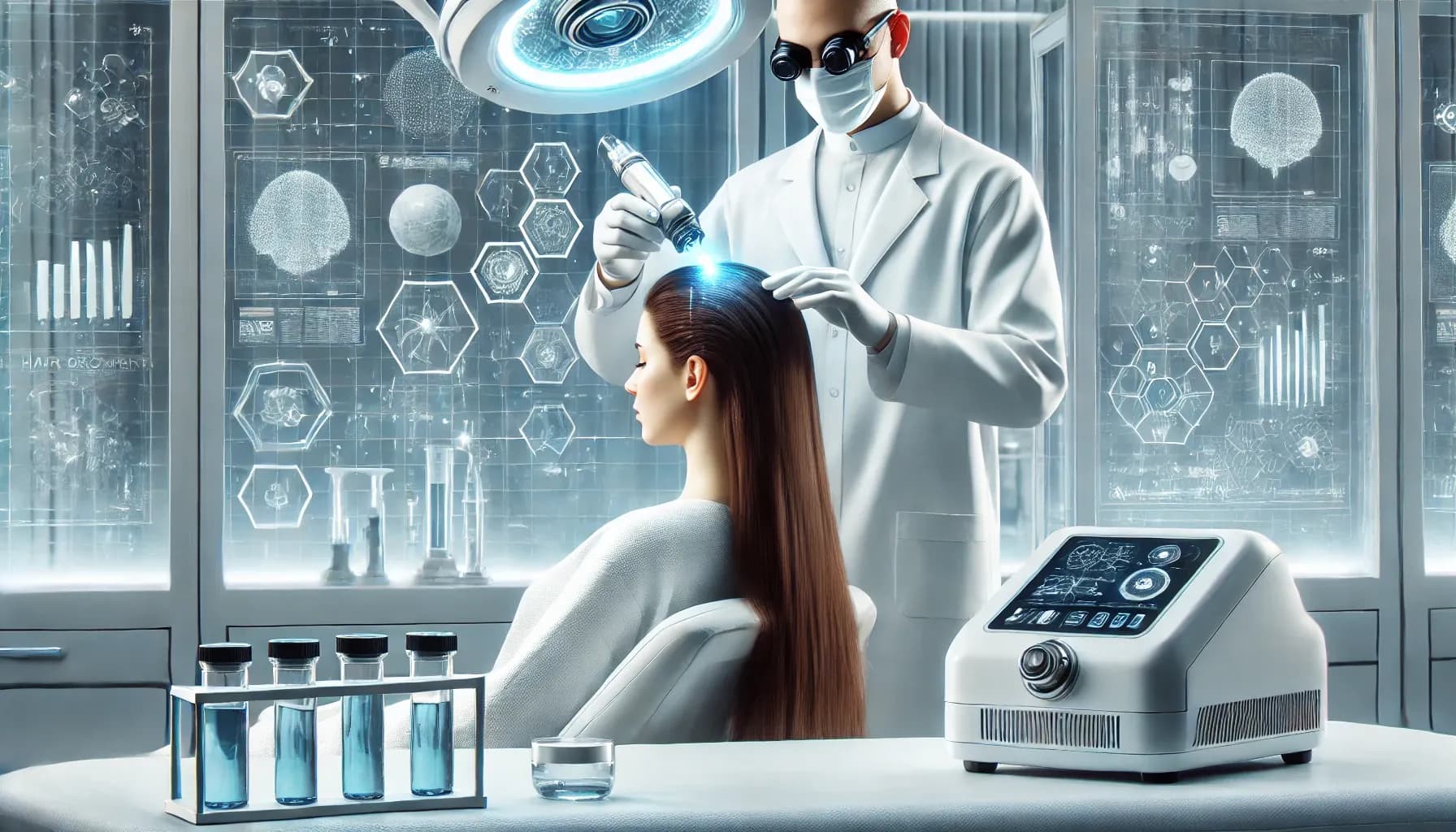 DALL·E 2025-03-18 16.06.13 - A futuristic hair regrowth treatment scene. A high-tech clinic with a patient undergoing an advanced stem cell hair restoration procedure. A doctor in.webp