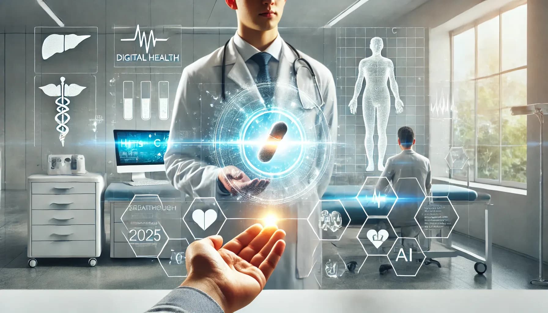 DALL·E 2025-03-21 12.51.24 - A futuristic, hopeful medical scene showcasing advanced Hepatitis C treatment. A doctor in a sleek modern clinic hands a patient a single pill with a .webp